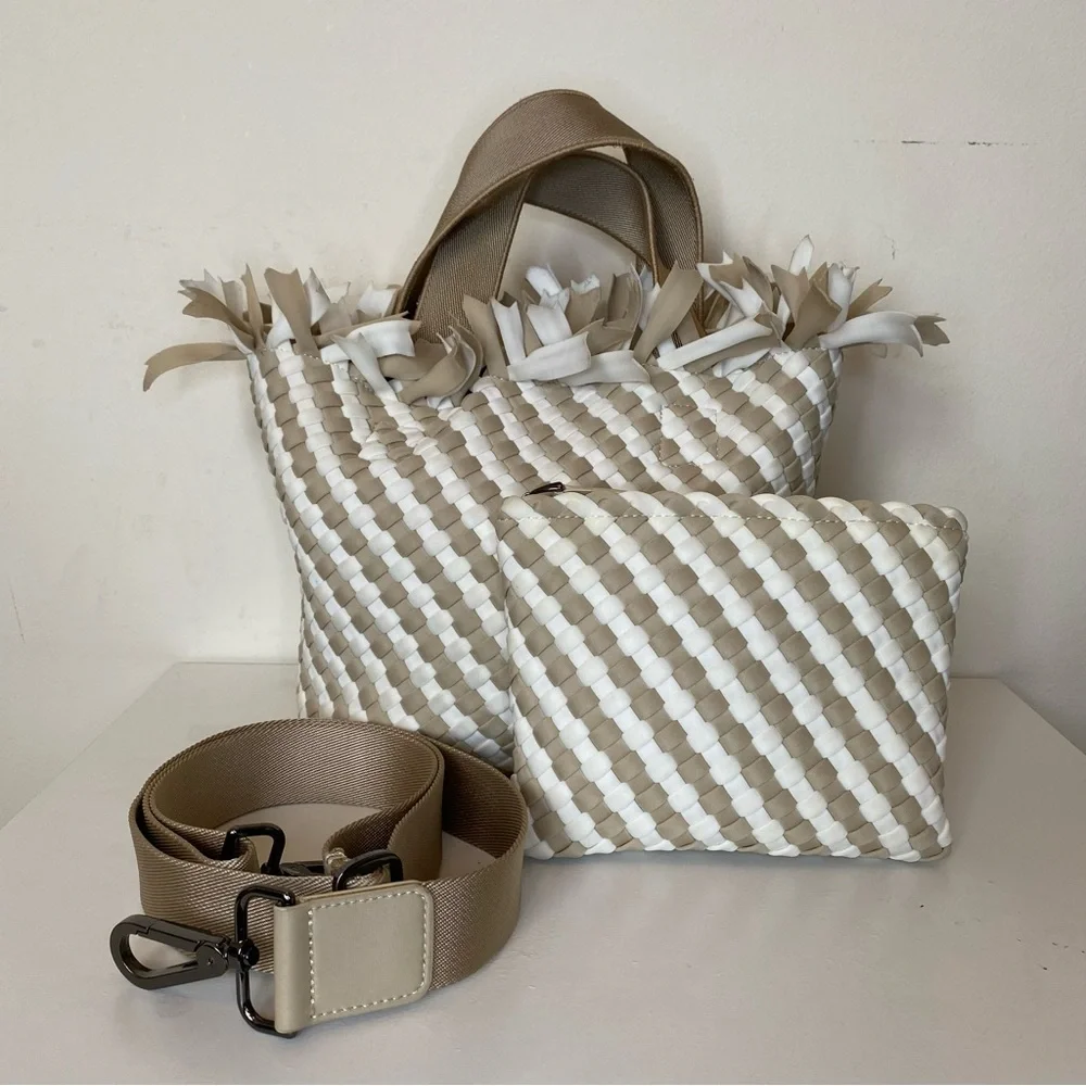 NAGHEDI Havana Small Woven Neoprene Tote Fringe Crossbody Striped Almaza Tan - Picture 3 of 15